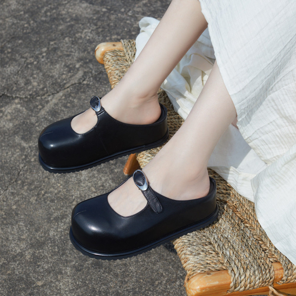 勃肯厚底鞋2026春夏新款真皮圆头增高6cm舒适百搭懒人金属扣拖鞋