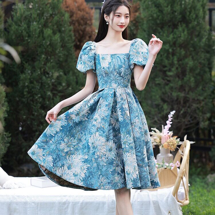 蓝色油画晚礼服裙2026新款法式小众主持人18岁成年礼女生小礼服裙