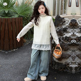 女童2025年秋冬新款下摆蕾丝加绒打底衫女大童纯色半领御寒毛衣，童装外套，祺儿童装