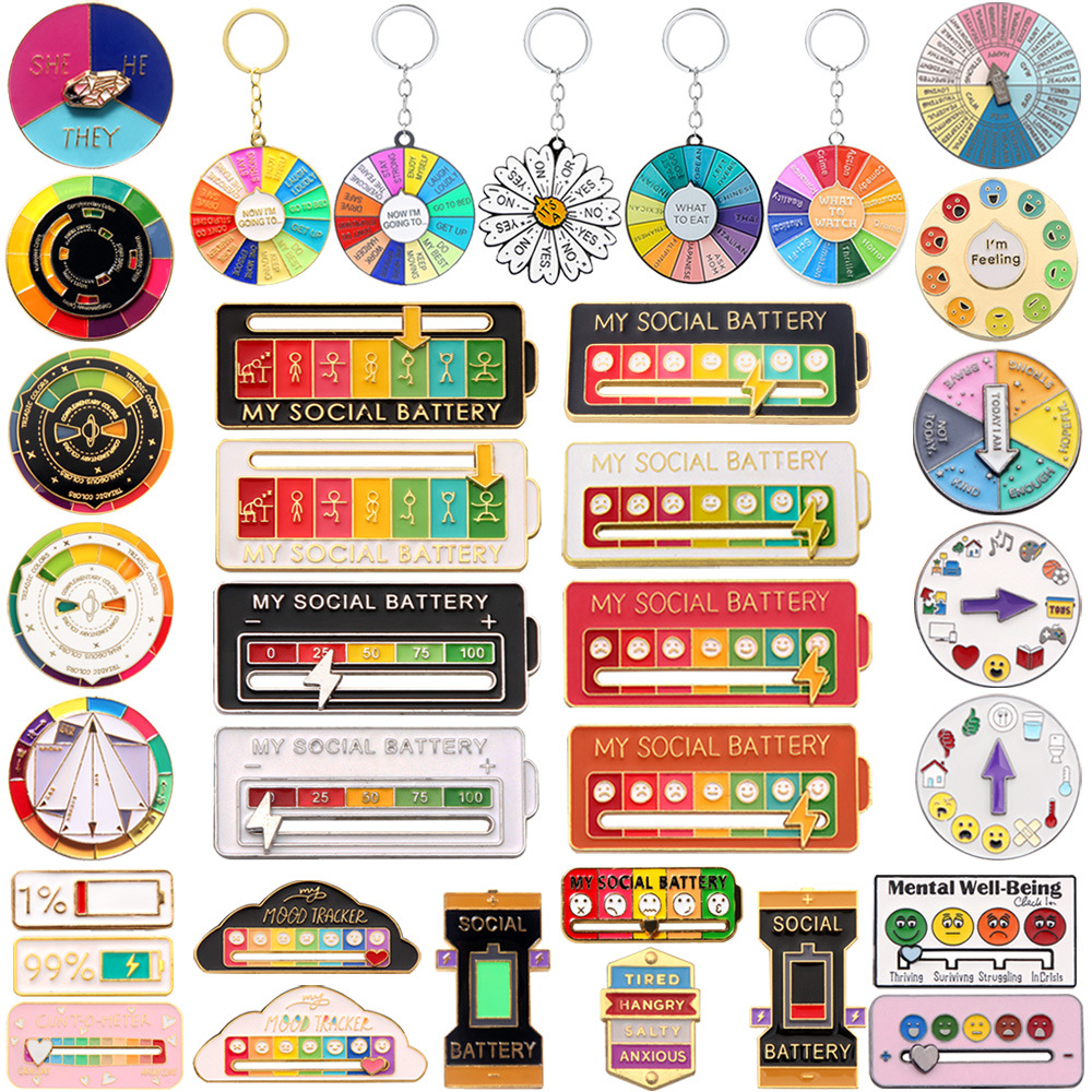 我的社交心情电池胸针表情电量彩虹挂件金属徽章旋转轮盘包包衣服