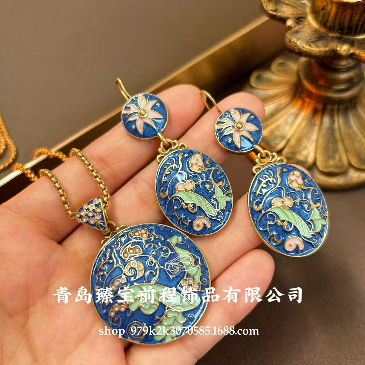 景泰蓝珐琅圆形吊坠项链中古vintage复古雕刻花朵新中式旗袍耳环