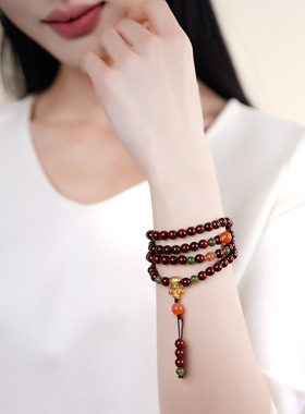 天然小叶紫檀和田玉南红玛瑙手链文创景区寺院男女情侣款转运手串