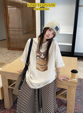 正品现货FISHYU冬季新款叠穿美式复古纸袋猫咪印花磨毛短袖t恤女