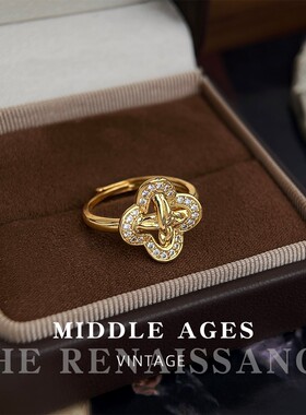 vintage中古风镀18k真金保色纽扣锆石戒指开口可调节级感食指戒