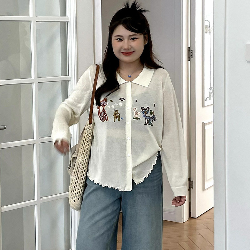 大码女装气质休闲薄款polo领上衣2026春夏新款胖mm刺绣针织开衫潮