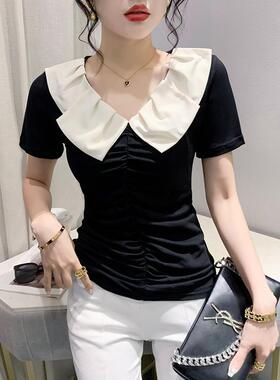 欧洲站女装新款娃娃领气质短袖显瘦T恤小心机打底小衫上衣欧货潮