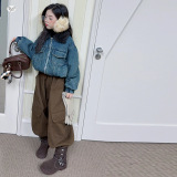 女童2025年秋冬新款洗旧加棉短款牛仔外套女大童美式复古毛领上衣，童装外套，祺儿童装