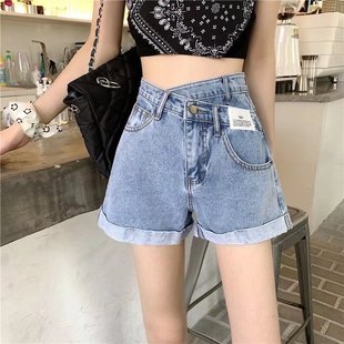胖mm薄款 女大码 女装 辣妹阔腿a字热裤 设计感裤 夏季 子腰牛仔短裤