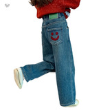 女童2025年冬季新款后袋笑脸刺绣加绒牛仔裤女大童户外保暖阔腿裤，童装裤子，祺儿童装