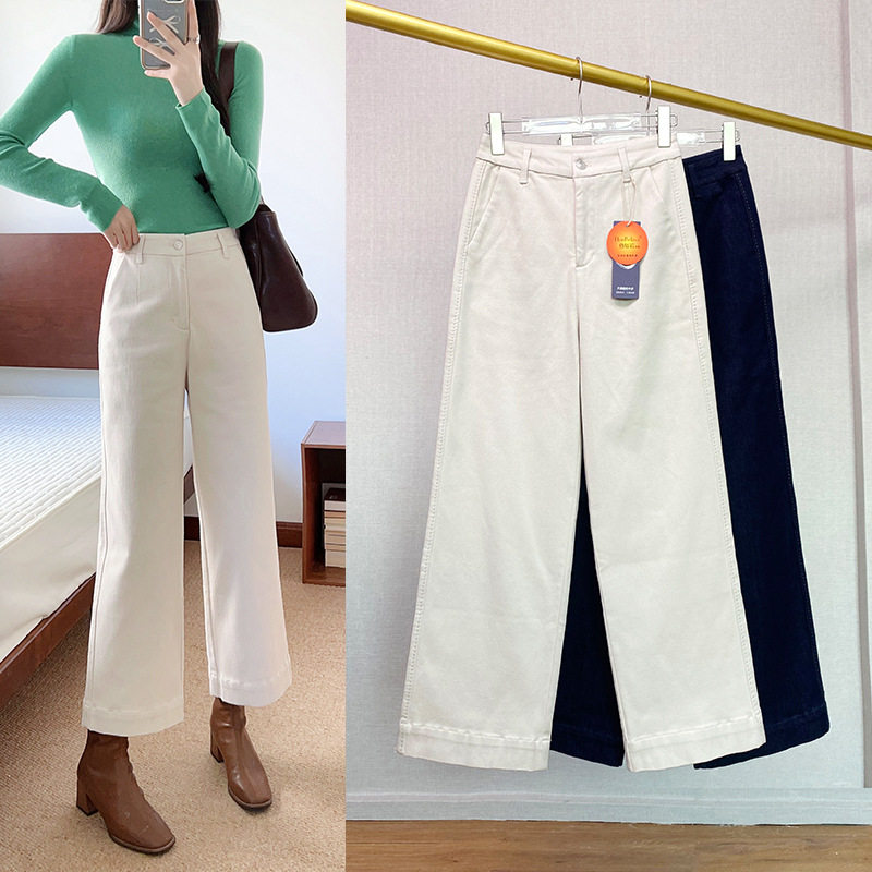 女款加绒牛仔裤小个子秋冬季加厚不褪色九分直筒腰洋气九分阔腿裤