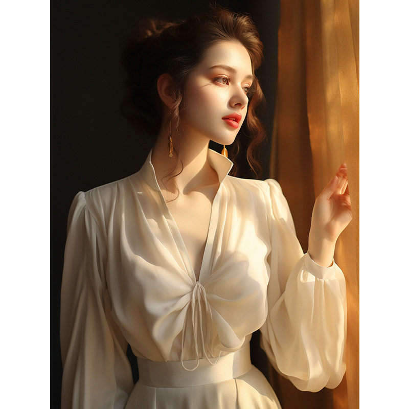 感超好看法式长袖衬衣别致漂亮欧货小衫白色雪纺衬衫女春2024