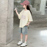 女童短袖套装夏装2025新款时髦女大童薄款T恤儿童夏季牛仔中短裤，童装休闲套装，祺儿童装