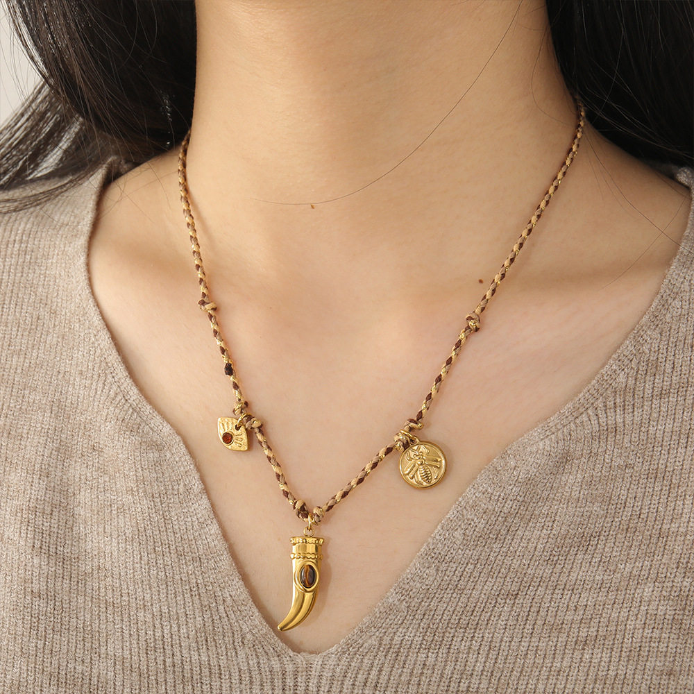 狼牙状流苏链长款编绳钛钢项链秋冬多吊坠级感天然石手工毛衣链