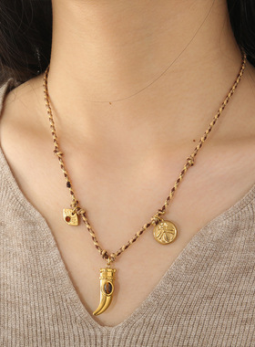 狼牙状流苏链长款编绳钛钢项链秋冬多吊坠级感天然石手工毛衣链