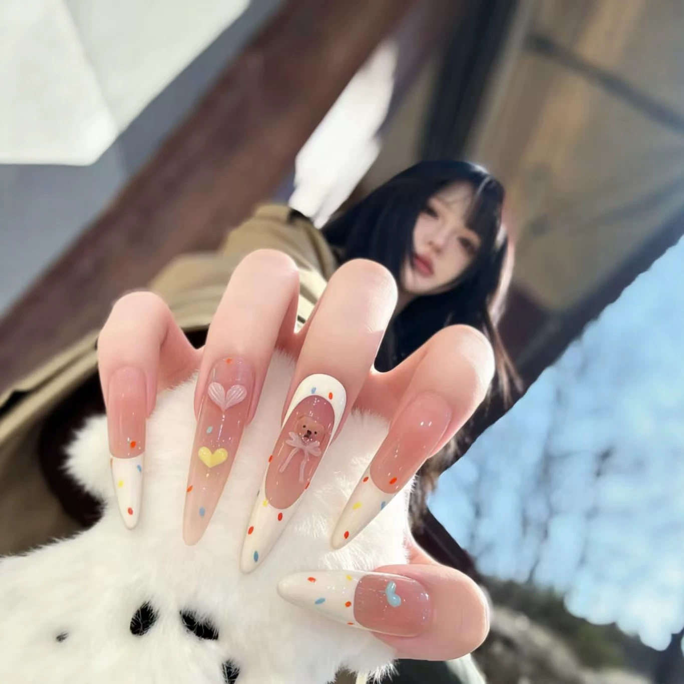 奶白法式波点爱心美甲 长款细狗长尖 卡通小熊 ins 风温柔成品穿