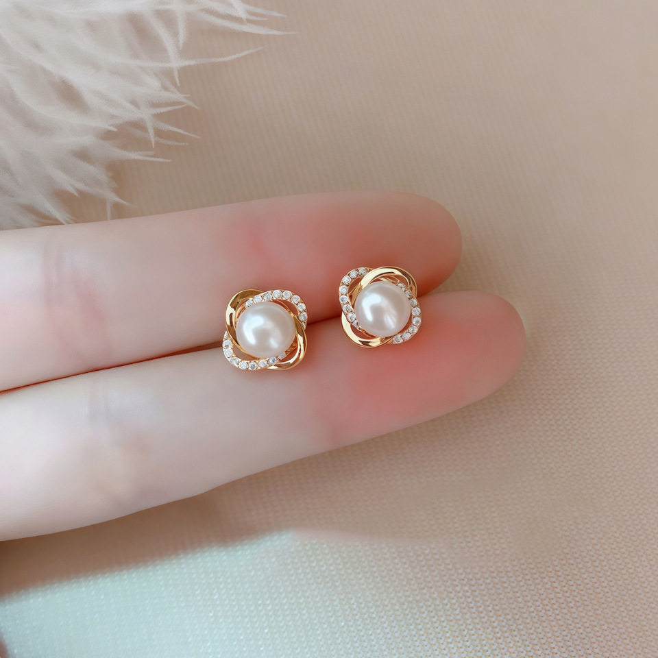 天然淡水珍珠耳钉玫瑰花绕丝92耳钉
