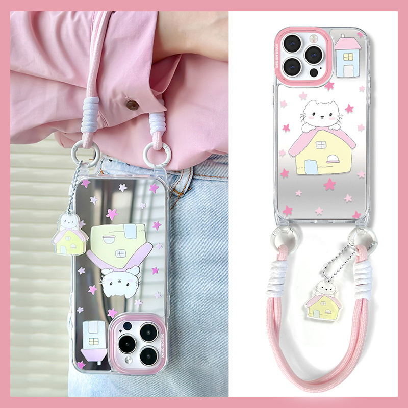 粉色猫咪手提短绳苹果卡通镜面