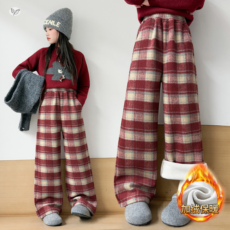 女童加绒格子裤2025秋冬新款新年阔腿裤中大童休闲直筒裤冬装长裤，童装裤子，祺儿童装