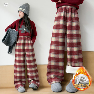 女童加绒格子裤2025秋冬新款新年阔腿裤中大童休闲直筒裤冬装长裤，童装裤子，祺儿童装