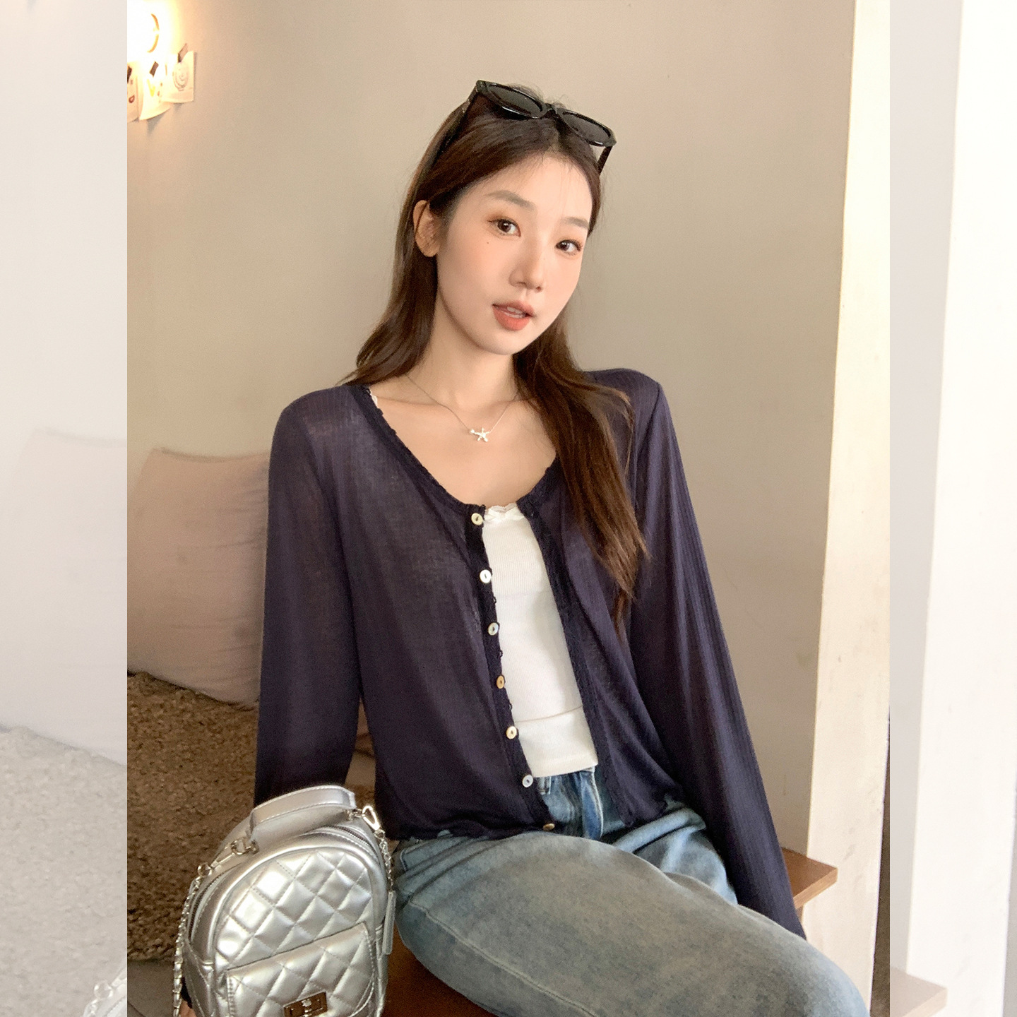 蕾丝拼接薄款微透防晒罩衫长袖T恤女2025夏季新款独特设计感开衫