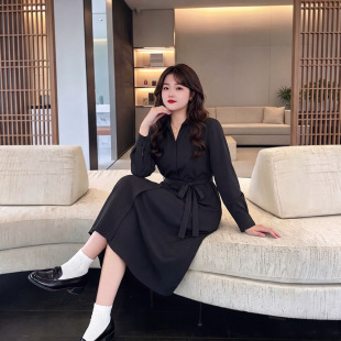320斤大码女装显瘦时尚优雅连衣裙春秋300微胖m气质遮肉A字衬衫裙