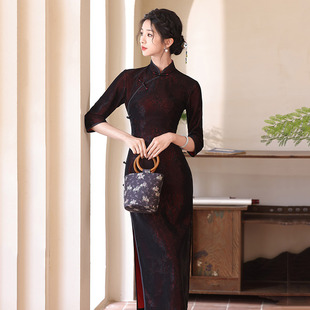 黑红色国风新中式长款长袖旗袍改良年轻款女级感复古修身春秋装