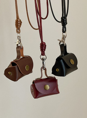 迷你可爱复古皮质零钱包吊坠项链女精致个性收纳耳机套包包毛衣链
