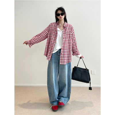 中村一叶同款！ 100棉红色长袖格子衬衫慵懒韩系休闲防晒上衣 秋