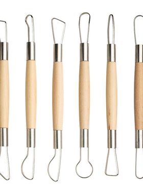 跨境亚马逊热卖陶艺6件套刮刀陶泥diy雕刻双头扁丝刀木质修坯工具