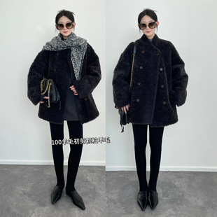 叠加热感 100初剪羊毛真皮毛一体双排扣皮草外套羊毛大衣