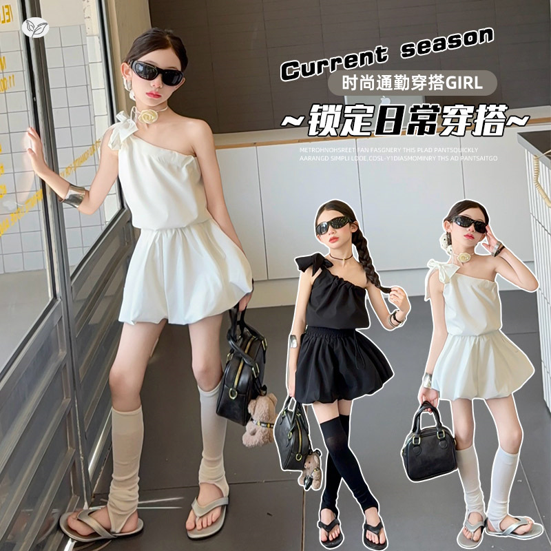 女童裙子套装2025夏季新款斜肩无袖上衣裙裤两件套中大童泡泡裙潮，童装休闲套装，祺儿童装