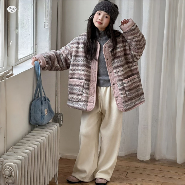 女童2025年秋冬新款小香风藕粉双面穿毛毛衣棉服女大童户外棉外套，童装棉衣，祺儿童装