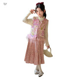 女童风马甲套装2025冬季新款加厚亮片半身裙三件套中大童拜年服，童装休闲套装，祺儿童装