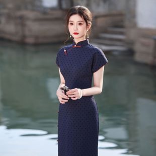 藏青色旗袍新中式 波点撞色级感民国宽松日常女 改良2025新款 夏季