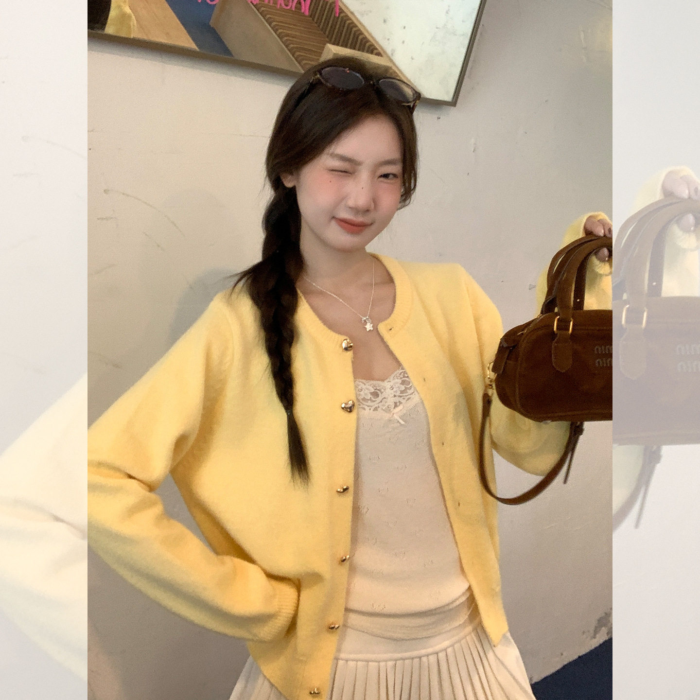 黄色圆领排扣设计感针织开衫女2025早秋季新款修身毛衣外套上衣