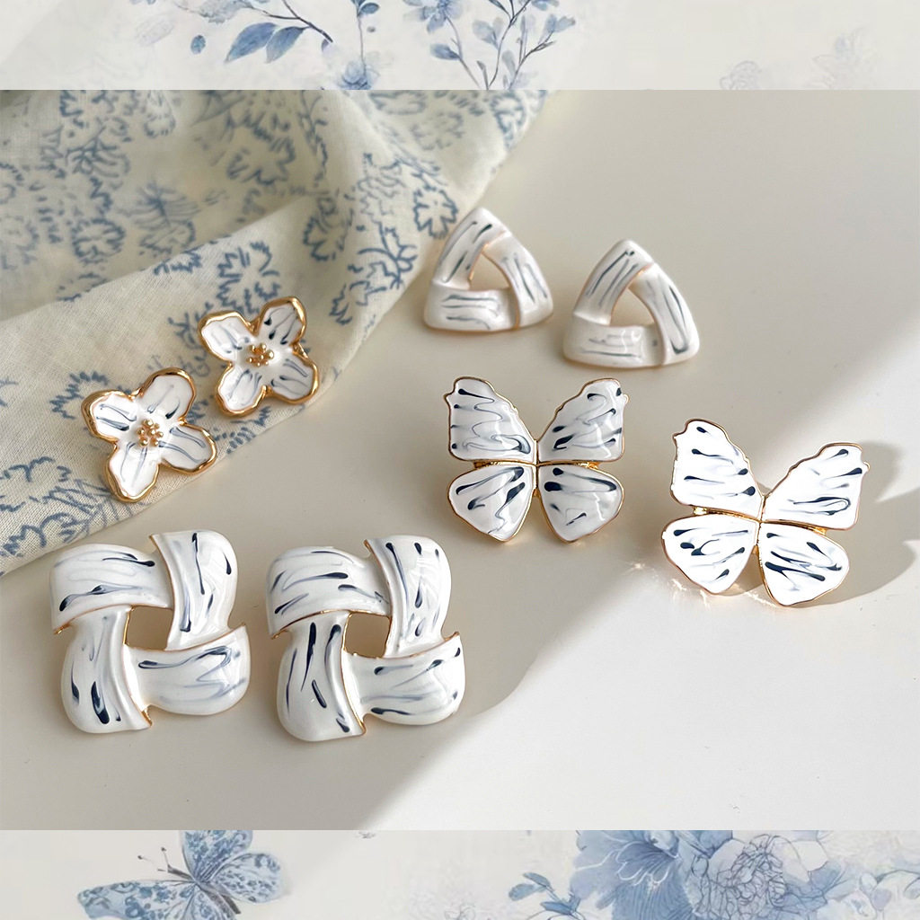 江南印象~4款青花瓷晕染滴油耳环女小众设计轻奢百搭耳钉耳饰女