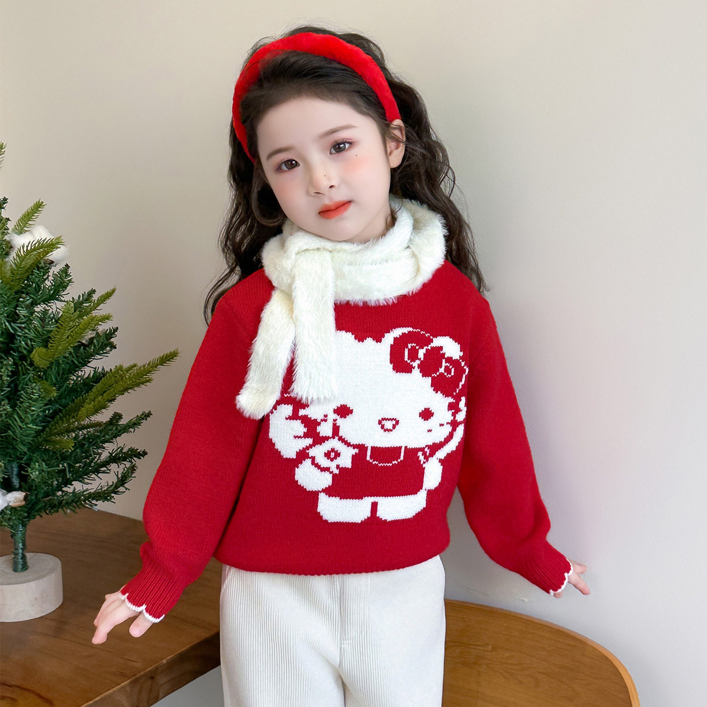 女童卡通毛衣秋冬装2025新款洋气儿童女过年红色针织衫拜年服P67，童装毛衣，祺妙童装