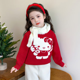 女童卡通毛衣秋冬装2025新款洋气儿童女过年红色针织衫拜年服P67，童装毛衣，祺妙童装