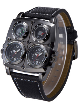 Oulm大表盘时尚表多功能双时区指南针装饰士石英男士复古手表1140