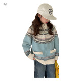 女童毛衣外套2025年秋冬新款加厚费尔岛提花针织开衫中大童拉链衫，童装毛衣，祺儿童装