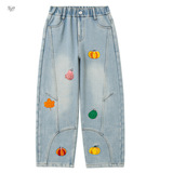 女童刺绣牛仔裤秋冬加绒2025年新款中大童拼接弯刀裤休闲阔腿长裤，童装裤子，祺儿童装