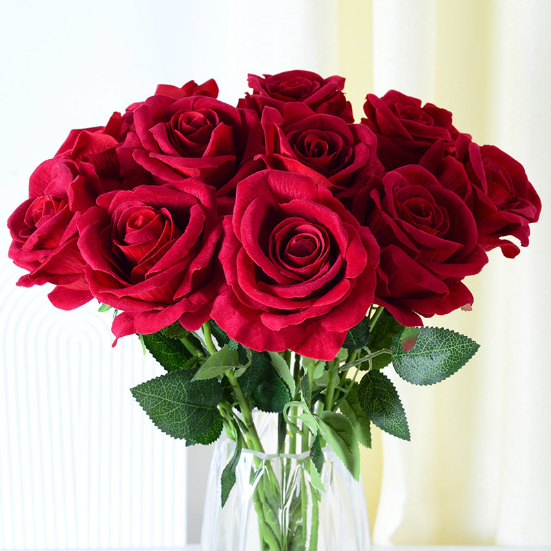 玫红美容床上的装饰花玫瑰单只高档粉色玫瑰花仿真假花一朵绒布花