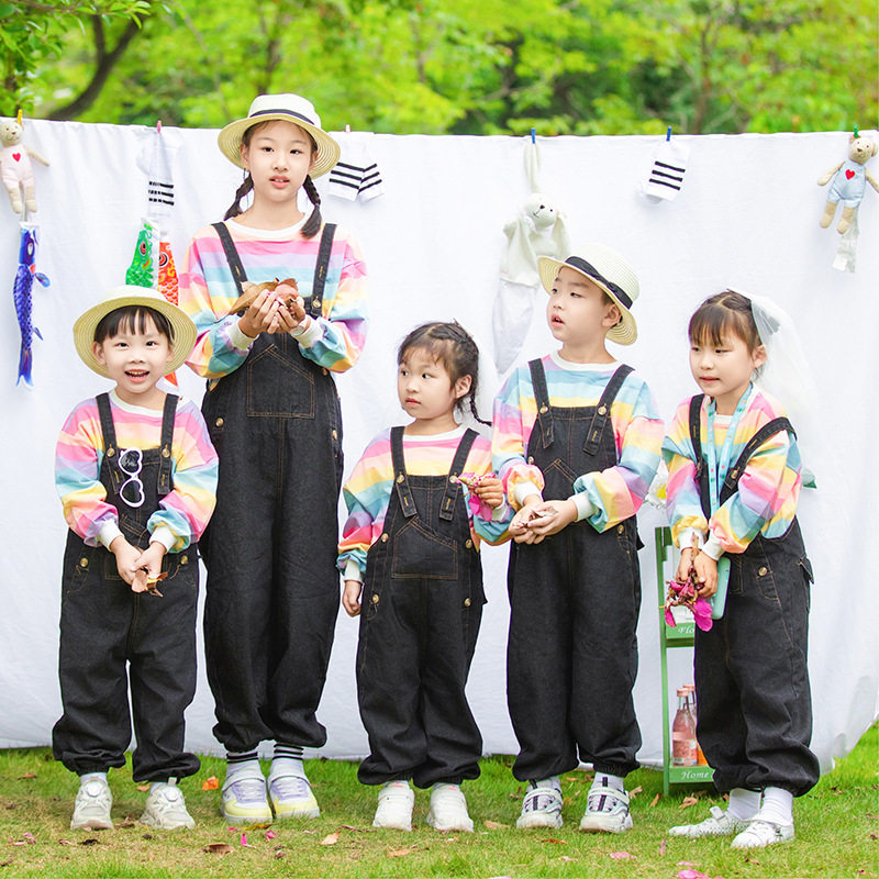 儿童演出服秋冬长袖彩虹卫衣黑色牛仔背带裤亲子舞蹈服运动会班服