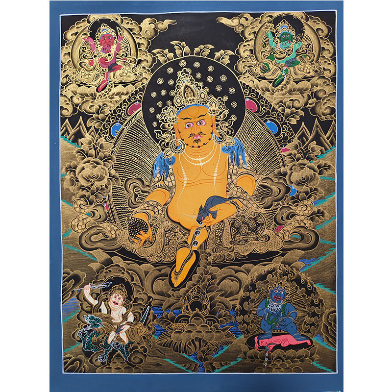 尼泊尔手绘黄财神唐卡经典红唐黑唐五财神佛西藏佛堂供奉装饰挂画
