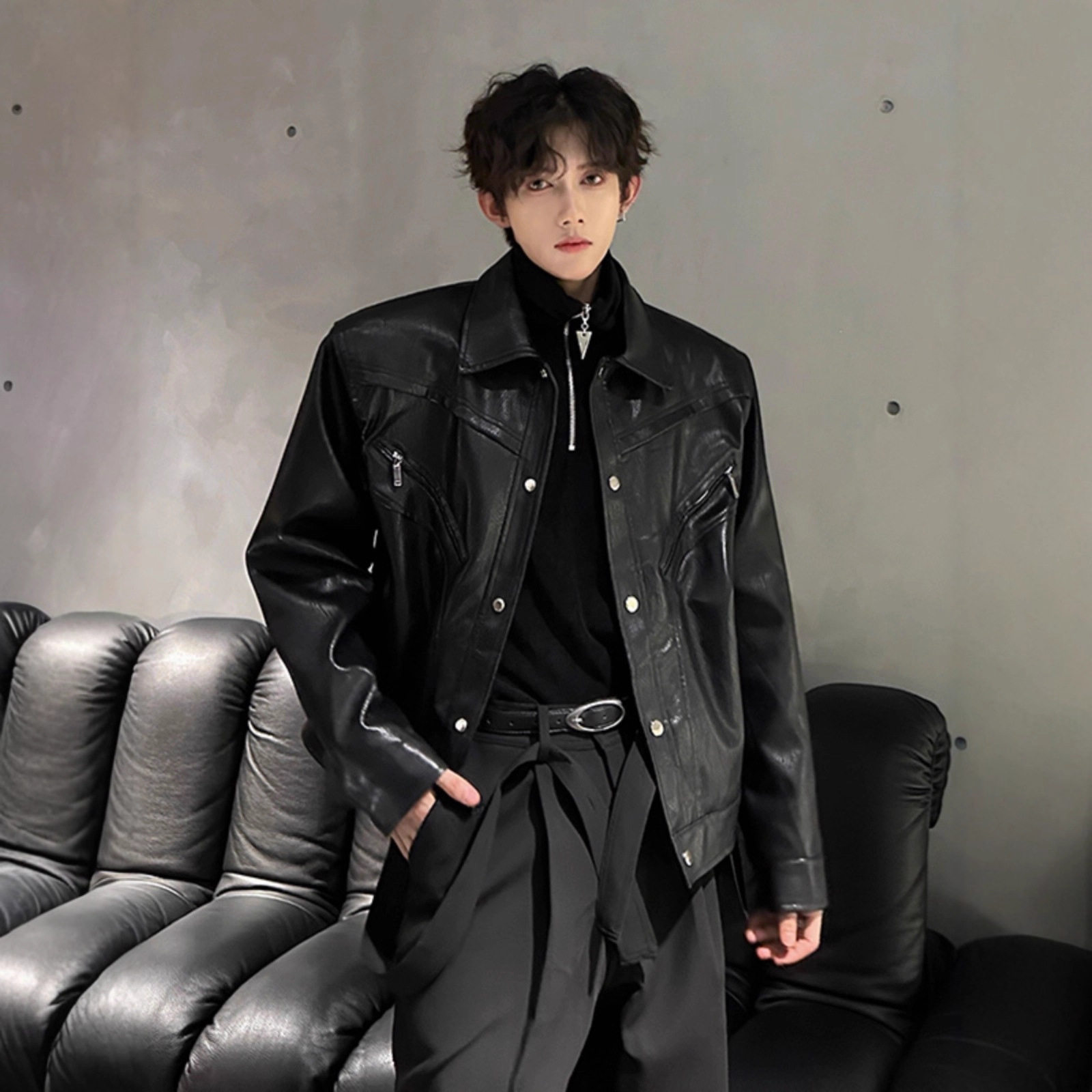 cleanfit短款垫肩皮衣外套2025春秋季新款美式痞帅翻领机车夹克