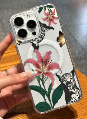 Vintage Lily Leopard magnetic clear case适用iphone 11 12 13 14 15 16 plus 17 pro max