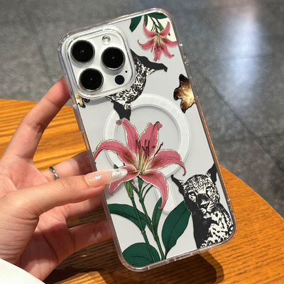 Vintage Lily Leopard magnetic clear case适用iphone 11 12 13 14 15 16 plus 17 pro max