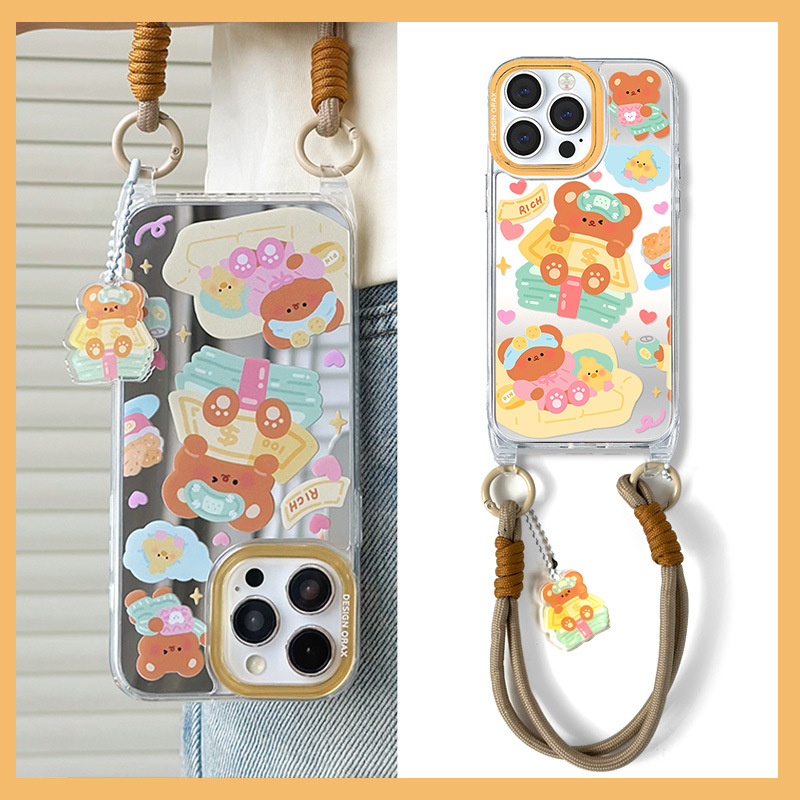 手提棕色短绳小熊苹果卡通镜面