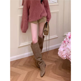 2026新款绒面法式复古筒显瘦堆堆靴女卡其色内长筒靴骑士靴