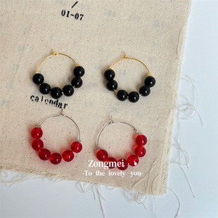 cookie饰品韩国时髦洋气小众设计感性冷风红色串珠圆圈耳环级感